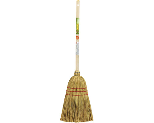 Dětské rýžové koště FloraSelf s dřevěnou násadou, FloraSelf Logo a pečeť pro pedagogicky hodnotnou hračku.