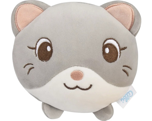 Plyšová hračka ve tvaru kulatého zvířecího obličeje s vyšívanýma očima, nosem a ústy.