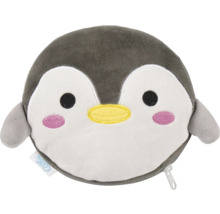 Kulatý plyšový polštář s motivem tučňáka se zipem a malými křídly.
