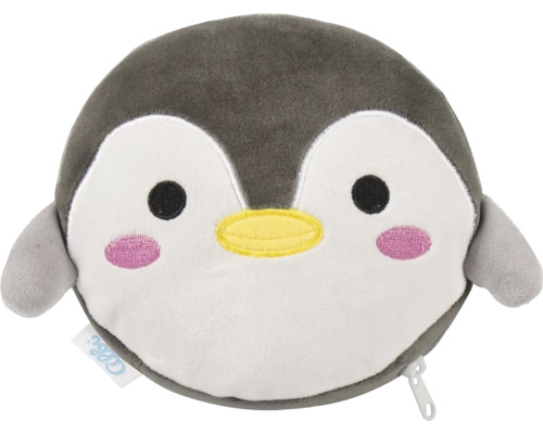 Kulatý plyšový polštář s motivem tučňáka se zipem a malými křídly.