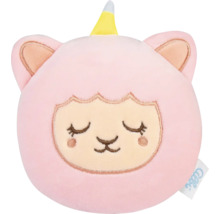 Kulatý růžový plyšový polštářek ve tvaru lamy-jednorožce s vyšívaným obličejem a žlutým rohem. Albi Logo na štítku.