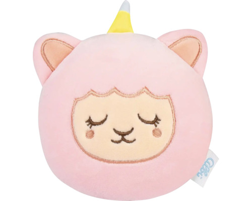 Kulatý růžový plyšový polštářek ve tvaru lamy-jednorožce s vyšívaným obličejem a žlutým rohem. Albi Logo na štítku.
