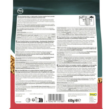 Zadní strana balení Tetra Pond Koi Sticks, 650 gramů, s informacemi o krmení, složením, Tetra Logo, recyklačními symboly a ochranou před světlem.