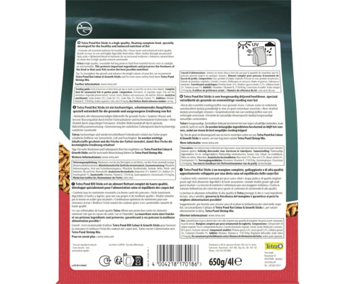 Zadní strana balení Tetra Pond Koi Sticks, 650 gramů, s informacemi o krmení, složením, Tetra Logo, recyklačními symboly a ochranou před světlem.