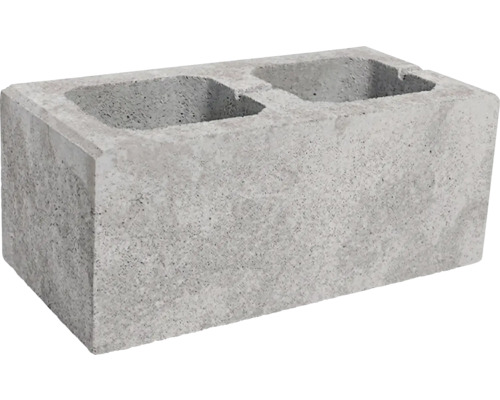 Šedá šalovací tvárnice z betonu se dvěma dutinami pro základy a zdi.