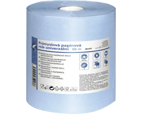 Modrá průmyslová papírová role univerzální, 3vrstvá, 96 metrů, 400 útržků, pro styk s potravinami, FSC certifikace.