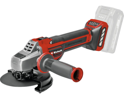 Akumulátorová úhlová bruska Einhell Professional v červené a černé barvě s bezkartáčovým motorem, přídavnou rukojetí a ochranným krytem.