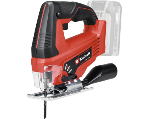 Aku přímočará pila Einhell s obloukovou rukojetí, pilovým listem, průhledným chráničem proti třískám a adaptérem pro odsávání.