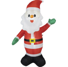 Nafukovací Santa Claus v červené a bílé barvě se zelenými rukavicemi, mávající, vánoční dekorace pro venkovní použití.