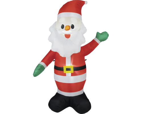 Nafukovací Santa Claus v červené a bílé barvě se zelenými rukavicemi, mávající, vánoční dekorace pro venkovní použití.