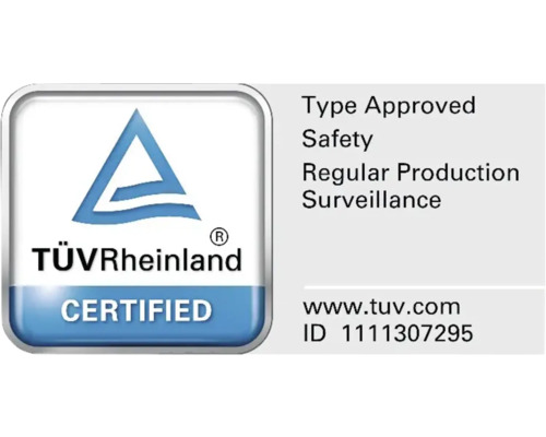 Pečeť TÜV Rheinland pro typově schválenou bezpečnost a pravidelný dohled nad výrobou.