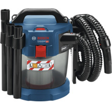 Akumulátorový vysavač pro mokré a suché sání Bosch Professional GAS 18 Volt-10 L se sacími trubicemi a ohebnou hadicí.