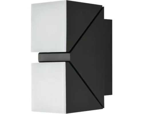 Moderní venkovní nástěnné svítidlo, geometrický design v černé a bílé barvě z kovu a plastu.