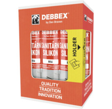 Sanitární silikon DEBBEX by Den Braven v bílé barvě, více kartuší v prodejním kartonu.