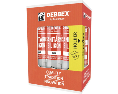 Sanitární silikon DEBBEX by Den Braven v bílé barvě, více kartuší v prodejním kartonu.