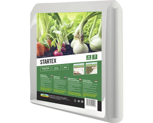 Netkaná textilie k rychlení 1,6 x 5 m bílá Startex netkaná textilie, stabilizovaná proti ultrafialovému záření, 19 gramů na metr čtvereční, 1,6 krát 5 metrů, Scobel Garden Logo.