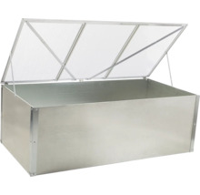 Pařeniště z kovu s výklopným průhledným víkem a stabilními vzpěrami.