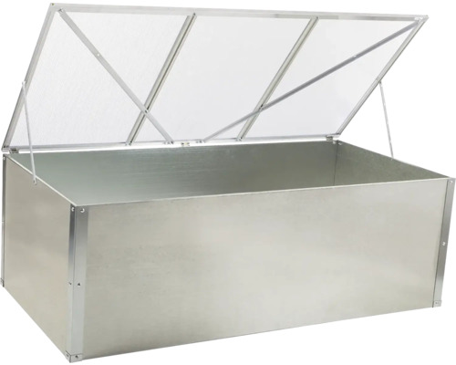 Pařeniště z kovu s výklopným průhledným víkem a stabilními vzpěrami.