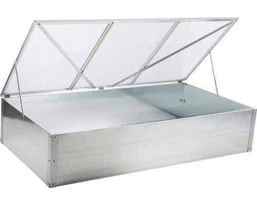 Pařeniště z hliníku s výklopným víkem a transparentními dutinkovými deskami.