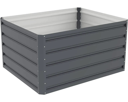 Obdélníkový kovový vyvýšený záhon s horizontální žebrovanou strukturou a vyztuženými rohy.