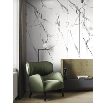 Moderní pokoj s mramorovou stěnou, zeleným sametovým křeslem, dřevěnou policí a designovými světly. Světlé a uspořádané uspořádání.