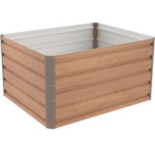 Obdélníkový kovový vyvýšený záhon s dekorem dřeva a rohovými profily.