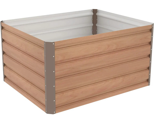 Obdélníkový kovový vyvýšený záhon s dekorem dřeva a rohovými profily.