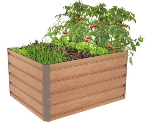 Vyvýšený záhon v hnědém dekoru dřeva osázený rajčaty, salátem a bylinkami.