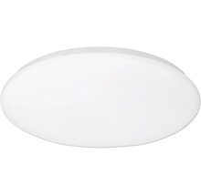 Kulaté bílé stropní svítidlo s plochým plastovým stínidlem pro interiéry.