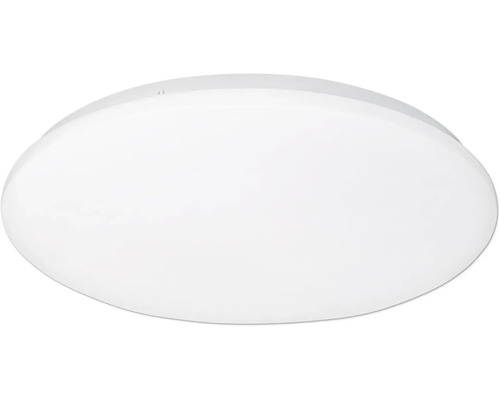 Kulaté bílé stropní svítidlo s plochým plastovým stínidlem pro interiéry.