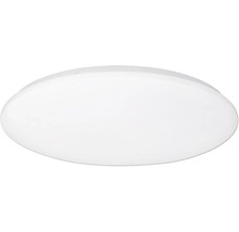 Kulaté, ploché stropní svítidlo v bílé barvě z plastu.