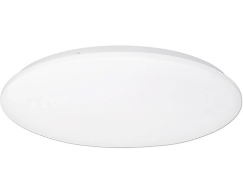 Kulaté, ploché stropní svítidlo v bílé barvě z plastu.