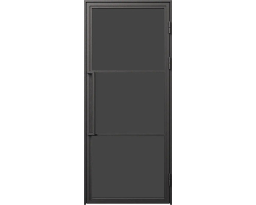 Moderní interiérové dveře z kovu a skla v industriálním designu se třemi poli a svislým madlem.