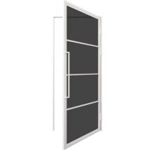Interiérové dveře v bílé barvě se čtyřmi skleněnými poli a tyčovým madlem v loftovém designu.
