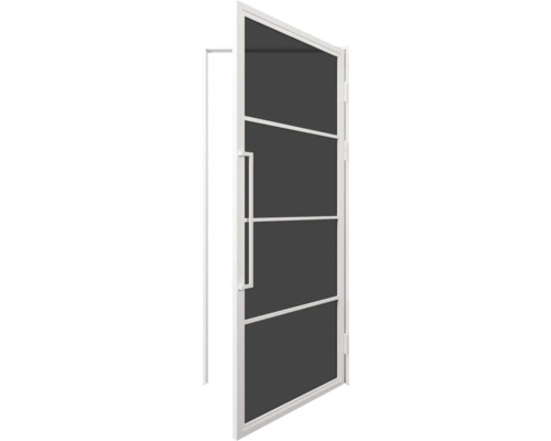 Interiérové dveře v bílé barvě se čtyřmi skleněnými poli a tyčovým madlem v loftovém designu.