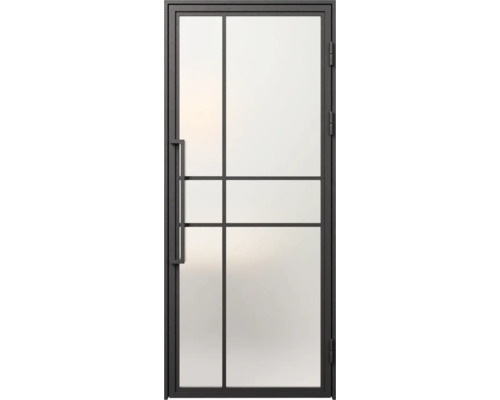 Loftové dveře s ocelovým rámem a skleněnými výplněmi v černém průmyslovém designu.