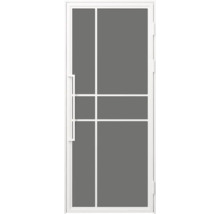 Bílé vchodové dveře s moderním designem příček, šesti šedými skleněnými výplněmi a dlouhým madlem.