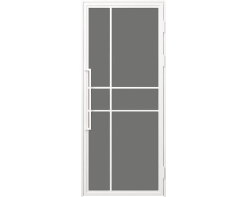 Bílé vchodové dveře s moderním designem příček, šesti šedými skleněnými výplněmi a dlouhým madlem.