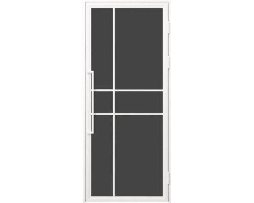 Bílá síťová dveř proti hmyzu s moderním mřížkovým designem a dlouhým madlem.