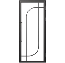 Skleněné interiérové dveře s černým kovovým rámem v industriálním designu s čirým sklem a obloukem.