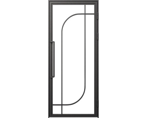 Skleněné interiérové dveře s černým kovovým rámem v industriálním designu s čirým sklem a obloukem.