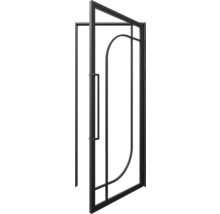 Černé kovové interiérové dveře s prosklením, průmyslový design s obloukovým prvkem a svislým madlem.