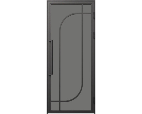 Moderní interiérové dveře z kovu a skla v industriálním designu s černým rámem, dlouhou klikou a geometrickým vzorem.