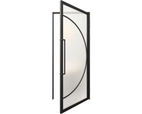 Moderní interiérové dveře z matného skla s černým kovovým rámem a designovým prvkem ve tvaru oblouku.