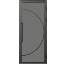 Moderní kovové dveře v tmavě šedé barvě s půlkruhovým designovým prvkem a dlouhým svislým madlem.