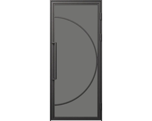Moderní kovové dveře v tmavě šedé barvě s půlkruhovým designovým prvkem a dlouhým svislým madlem.