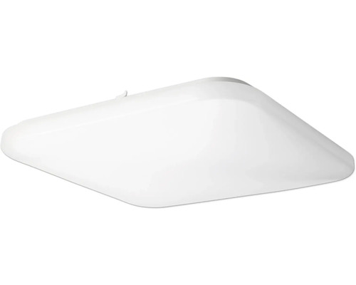 Čtvercové stropní svítidlo z bílého plastu se zaoblenými rohy.