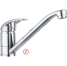 Jednopáková dřezová baterie z chromovaného kovu s dlouhým výtokem pro nízkotlaké systémy.