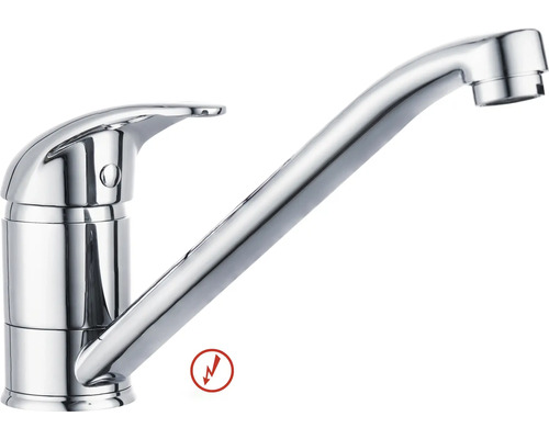 Jednopáková dřezová baterie z chromovaného kovu s dlouhým výtokem pro nízkotlaké systémy.