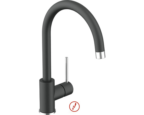Černá matná kuchyňská baterie s vysokým výtokem ve tvaru C a chromovanou pákou, vhodná pro nízký tlak.